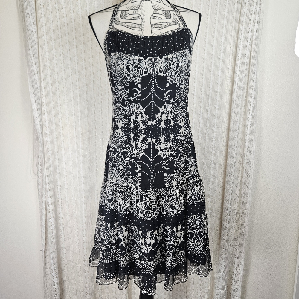 Anna Sui Silk Halter Top Dress Black White Paisley Sz 6